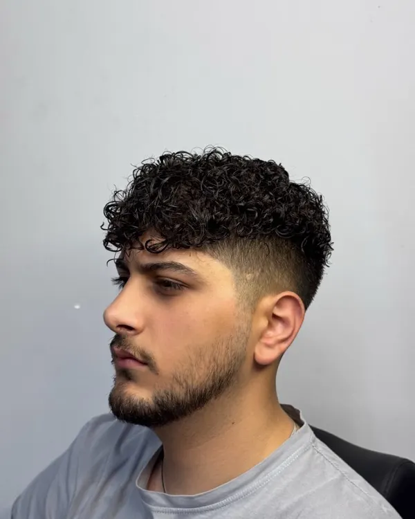 Gür kıvırcık üst, yandan görünüm; kulak hizasında keskin fade, dolgun sakal